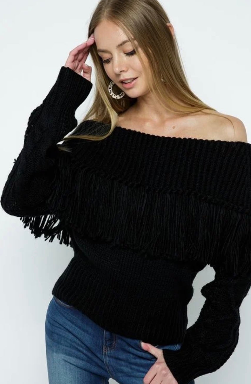 Angela  - Cold Shoulder Fringed Sweater